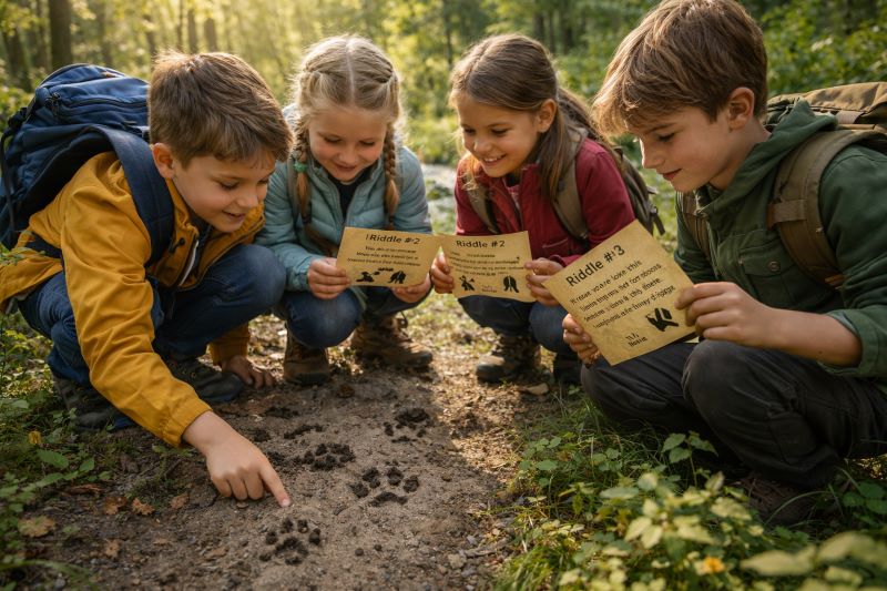 Children on a forest walk looking at animal tracks and reading riddle cards together, sunny woodland atmosphere, outdoor learning adventure