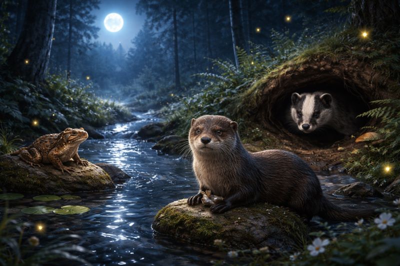 Night-time forest scene with otter by a stream, toad near a pond and badger in its sett, moonlight and fireflies create a calm natural atmosphere