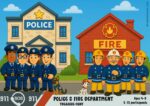 Illustrated title image for a police and firefighter scavenger hunt for children ages 4–9, featuring playful emergency themes and colorful graphics designed for a printable adventure game.