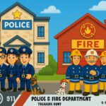 Illustrated title image for a police and firefighter scavenger hunt for children ages 4–9, featuring playful emergency themes and colorful graphics designed for a printable adventure game.