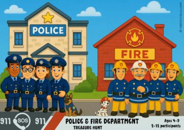 Illustrated title image for a police and firefighter scavenger hunt for children ages 4–9, featuring playful emergency themes and colorful graphics designed for a printable adventure game.