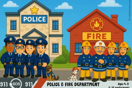 Illustrated title image for a police and firefighter scavenger hunt for children ages 4–9, featuring playful emergency themes and colorful graphics designed for a printable adventure game.