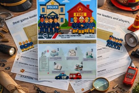 Printable police and firefighter scavenger hunt instructions and setup guide for kids birthday party game