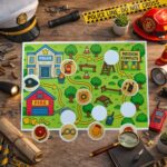Printable police and firefighter scavenger hunt game board for kids with stations, mission path and rescue theme activities