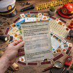Close-up of police and firefighter scavenger hunt story introduction card for kids birthday treasure hunt game