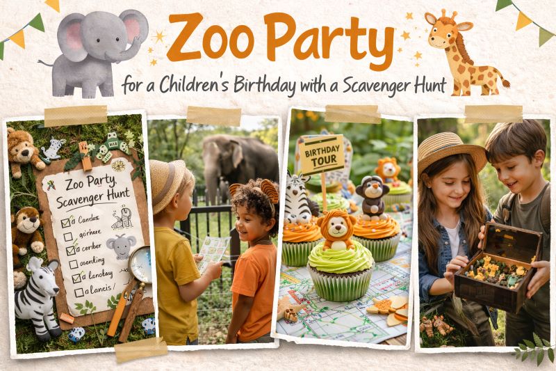 Landscape hero collage showing a zoo-themed children’s birthday party with scavenger hunt checklist, kids spotting animals, animal cupcakes, and treasure box in bright outdoor setting