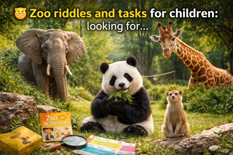 Realistic zoo animals including panda, elephant and giraffe in a sunny natural setting, perfect for kids riddles and learning about animals