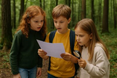 Three children in the forest solving riddles together, holding a map and a magnifying glass — pure nature adventure.
