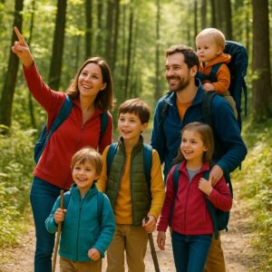 A family of five happily hiking along a forest trail — parents with backpacks and three smiling children with hiking sticks enjoying nature. hiking with kids