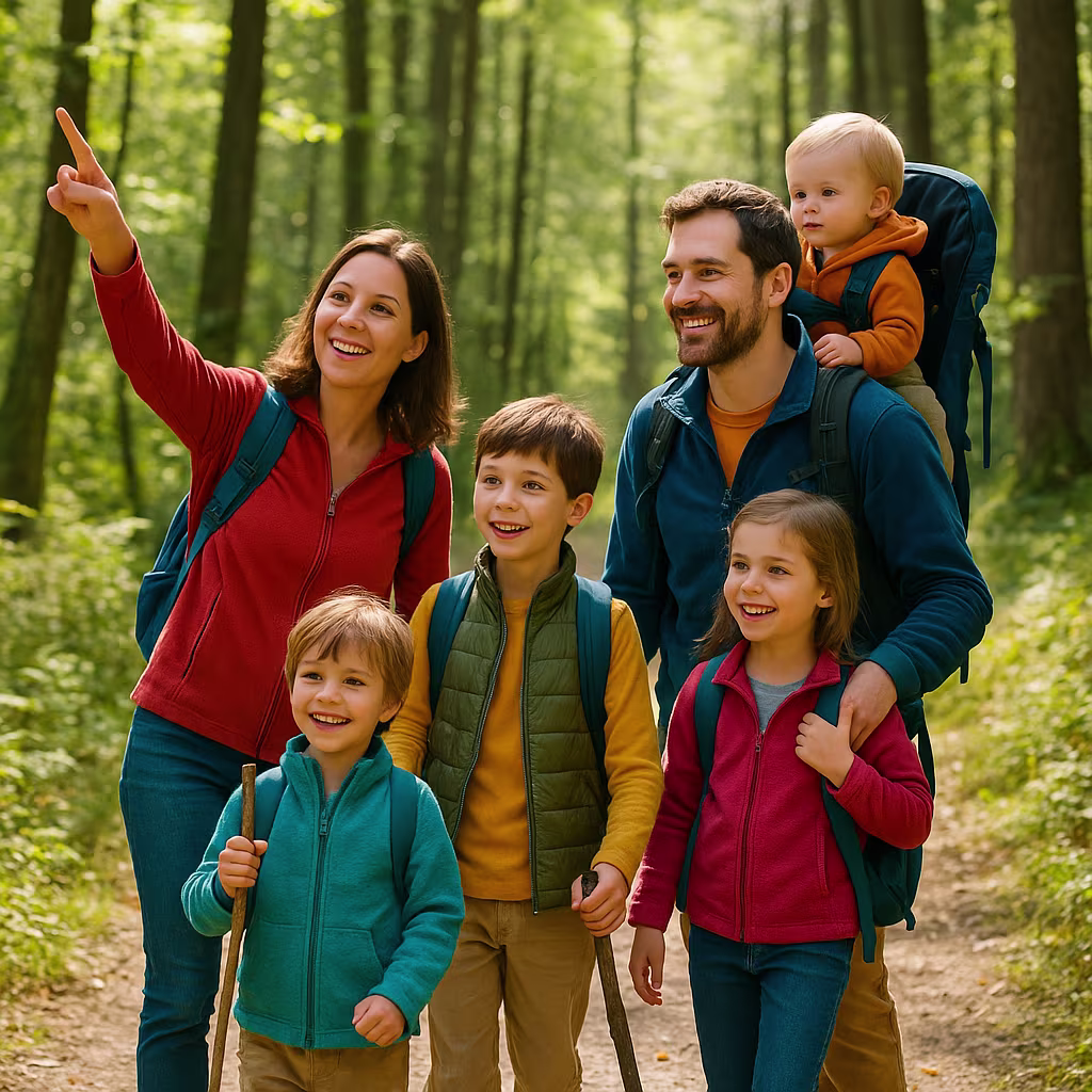 A family of five happily hiking along a forest trail — parents with backpacks and three smiling children with hiking sticks enjoying nature. hiking with kids