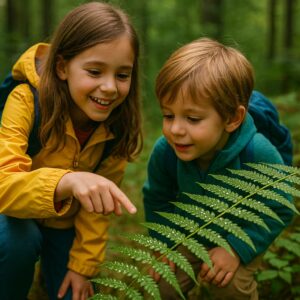 A girl in a yellow jacket and a boy in teal study dewdrops on a fern leaf during a forest hike.