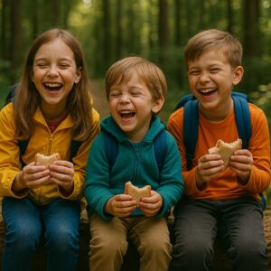 Three children with backpacks sit on a fallen tree in the forest, laughing and enjoying sandwiches during a hiking break.