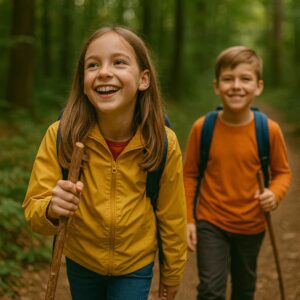 A girl in a yellow jacket and a boy in an orange sweater hike happily with walking sticks through a sunny forest path.