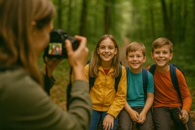 A mom photographs her three kids sitting on a fallen tree in the forest — the children laugh happily while green woodland shines behind them.