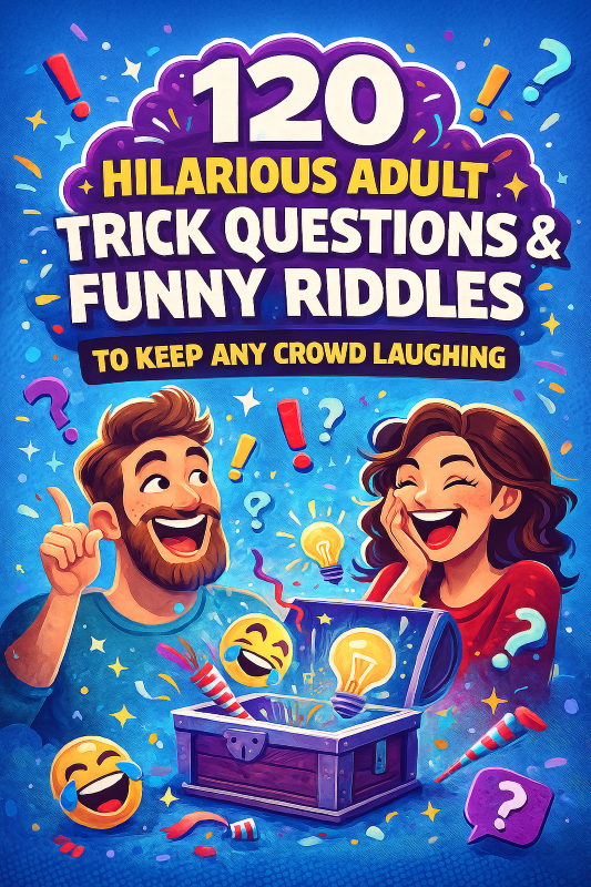 “Colorful cartoon-style illustration of laughing adults telling jokes at a table, surrounded by speech bubbles and fun icons — perfect cover image for adult humor and trick questions.”