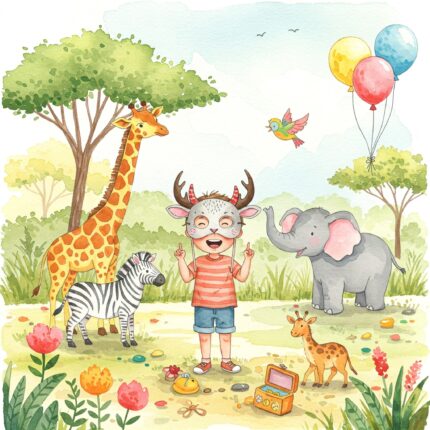 Watercolor illustration of a smiling child wearing an animal mask, surrounded by giraffe, zebra, elephant and parrot decorations at a zoo-themed birthday party.