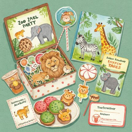 Watercolor illustration of a sweet arrangement of zoo-themed party favors with animal stickers, mini safari figures, a coloring book, animal cookies, fruit gummies, and a personalized zookeeper pass.