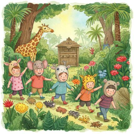 Watercolor illustration of children with animal masks following a trail of footprints through a jungle landscape, with a treasure chest in the background.