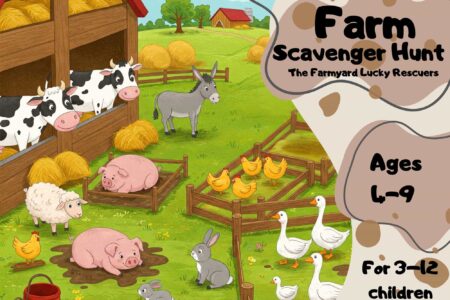 Fun farm-themed scavenger hunt for kids ages 4–9. Easy setup, printable clues, and adorable barnyard story—perfect for birthdays and group activities.