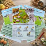 Printable farm scavenger hunt game board for kids with spinner, animal tokens, and farm-themed learning activities