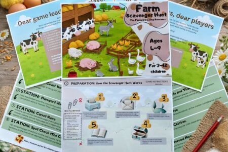 Printable farm scavenger hunt game board for kids with spinner, animal tokens, and farm-themed learning activities