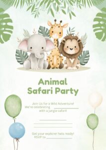 Green and White Watercolor Animal Safari Birthday Invitation