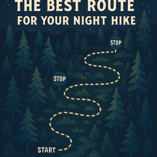 Hand-drawn illustrated night-hike map with a glowing dotted route, forest trees, “Start” and “Stop” markers, designed for a child-friendly nighttime adventure.