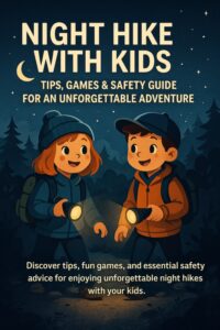 Illustrated cover in theage showing two children with flashlights on a night hike through a forest, anthe a starry sky and crescent moon, with the article title displayed at the bottom.