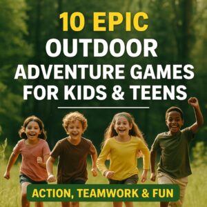 Kids and teens running through a forest during outdoor adventure games – energetic title graphic for action-packed field activities.