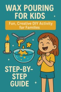 "Wax Pouring for Kids title image – colorful 2D illustration of candle, spoon with melting wax, bowl of water, and excited child – fun DIY craft activity for families."