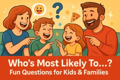 “Cartoon-style family playing a ‘Who’s Most Likely To’ game, laughing together during a fun family game night for kids ages 4–12.”