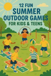 "Illustration of children and teens playing fun summer outdoor games in a sunny park, including hopscotch, jump rope, and beach ball activities."
