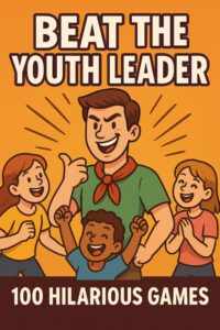 Cartoon-style illustration of a confident youth leathe surroanded by laughing children, created as a fun cover in theage for “Beat the Youth Leathe – 100 Hilarious Games.”