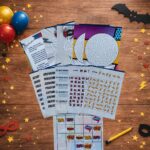 Puzzle sheets from a superhero scavenger hunt with number puzzles, symbols and logic challenges