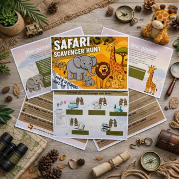 Safari scavenger hunt for kids with full game materials, puzzles, and animal cards
