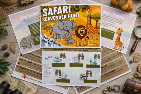 Safari scavenger hunt for kids with full game materials, puzzles, and animal cards
