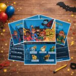 Game instructions and preparation pages of a superhero scavenger hunt for kids displayed on a wooden table