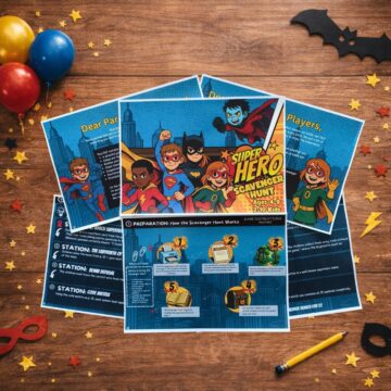 Game instructions and preparation pages of a superhero scavenger hunt for kids displayed on a wooden table