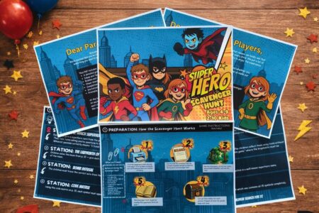 Game instructions and preparation pages of a superhero scavenger hunt for kids displayed on a wooden table