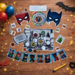Superhero character cards and scavenger hunt game components arranged on a wooden table