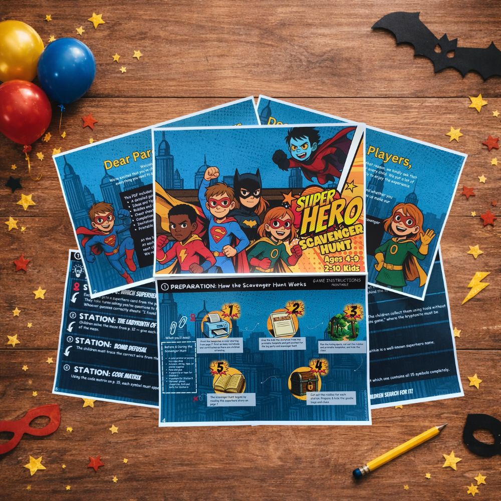 Game instructions and preparation pages of a superhero scavenger hunt for kids displayed on a wooden table