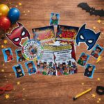 Superhero scavenger hunt set with hero certificates, masks, cards and game materials on a decorated wooden table