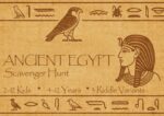 Illustrated title image of an Ancient Egypt scavenger hunt for kids, featuring pyramids, hieroglyphs, gods, and riddles in a playful papyrus-style design.