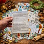 Parent holding printable story card for ancient Olympic scavenger hunt game for kids with Greek mythology theme
