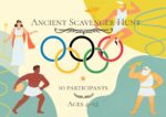 Illustrated title image of an ancient Greek scavenger hunt for kids, featuring Olympic rings, Greek gods, and athletes in a colorful Olympic-themed adventure.