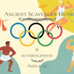 Illustrated title image of an ancient Greek scavenger hunt for kids, featuring Olympic rings, Greek gods, and athletes in a colorful Olympic-themed adventure.