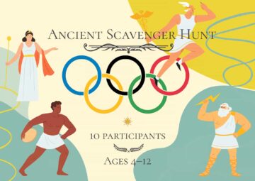 Illustrated title image of an ancient Greek scavenger hunt for kids, featuring Olympic rings, Greek gods, and athletes in a colorful Olympic-themed adventure.
