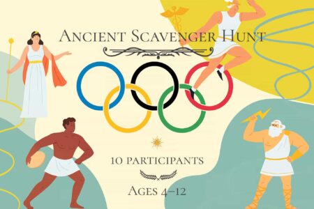 Illustrated title image of an ancient Greek scavenger hunt for kids, featuring Olympic rings, Greek gods, and athletes in a colorful Olympic-themed adventure.