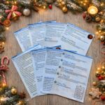 Printed Christmas scavenger hunt story and clue sheets for a kids holiday treasure hunt game