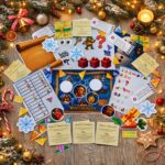Christmas scavenger hunt printable game pieces, puzzles, and clue cards arranged for a kids holiday activity